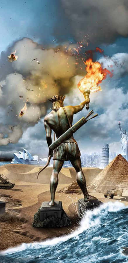 EineStatue eines Mannes mit Feuer in seinen Händen.