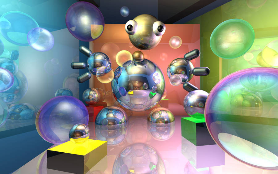 3D robot and bubbles floating in the air wallpaper