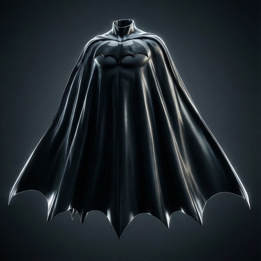 Realistic 3D cape floating in dark void, product shot style.