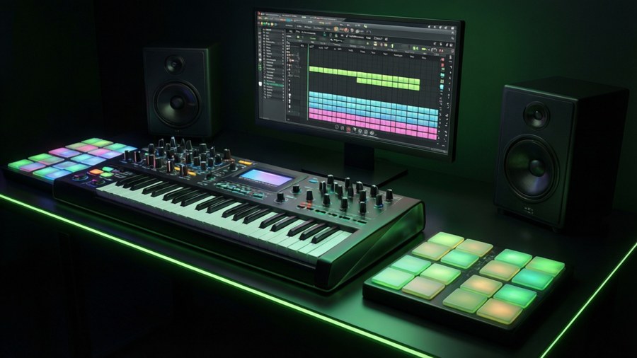 3D render of trap production setup with glowing keyboard and drum pads.