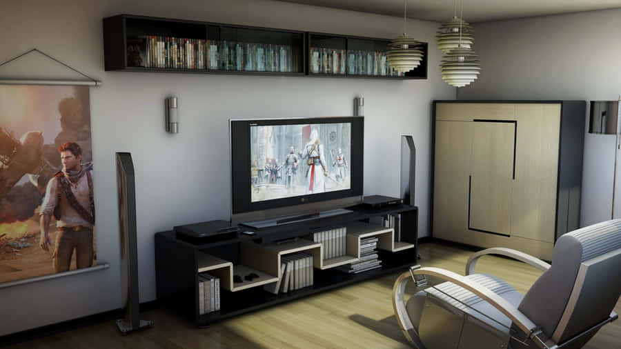 unastanza con una TV e una sedia