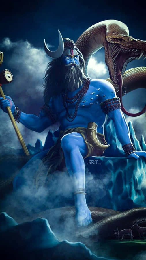 Divinité bleue en colère au milieu des nuages et des serpents