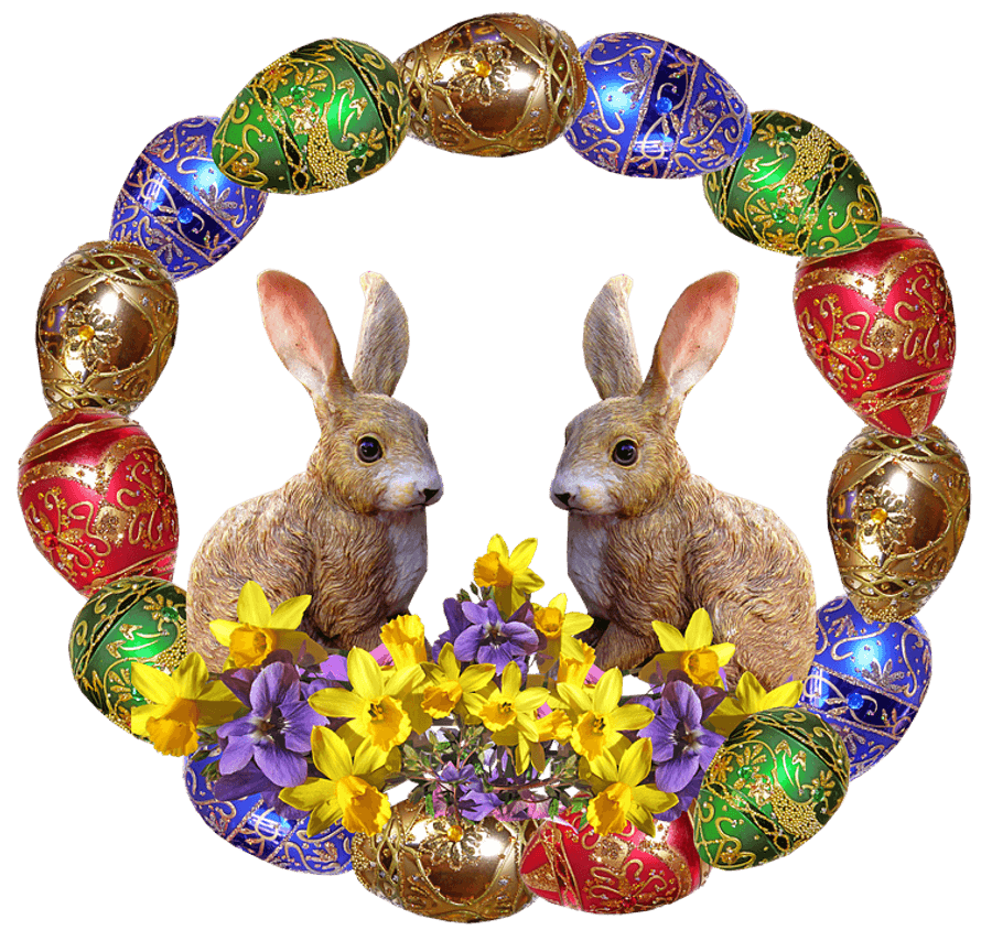 Easter Bunniesand Decorated Eggs Wreath