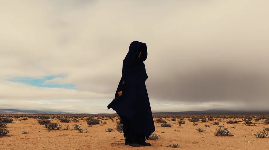 Desolate,mysterious,figure,cloak,barren,grey,moody,solitude,fantasy,landscape,eerie,minimal,enigmatic,silence,forlorn