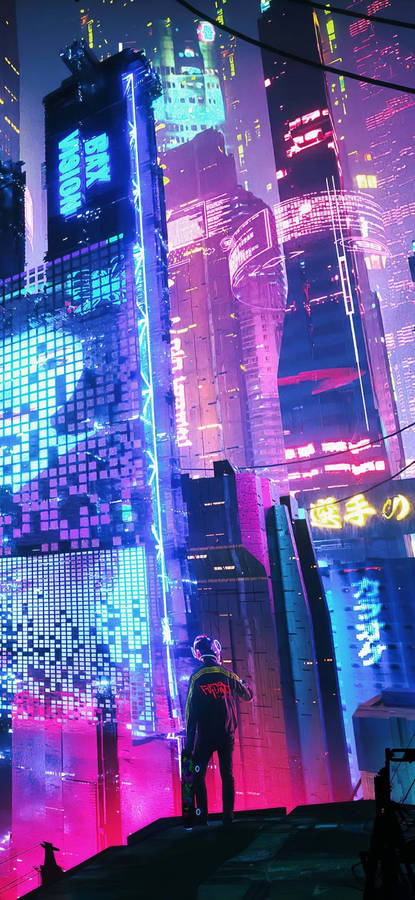 Download 4k Neon Iphone Girl In Neon City Wallpaper | Wallpapers.com