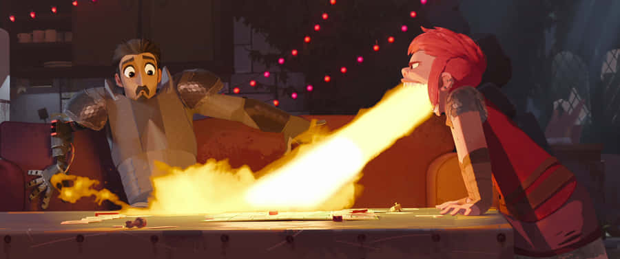 Nimona atmet Feuer auf Ambrosius