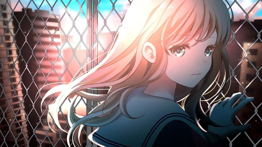Garota Anime Loira com Fundo de Pôr do Sol
