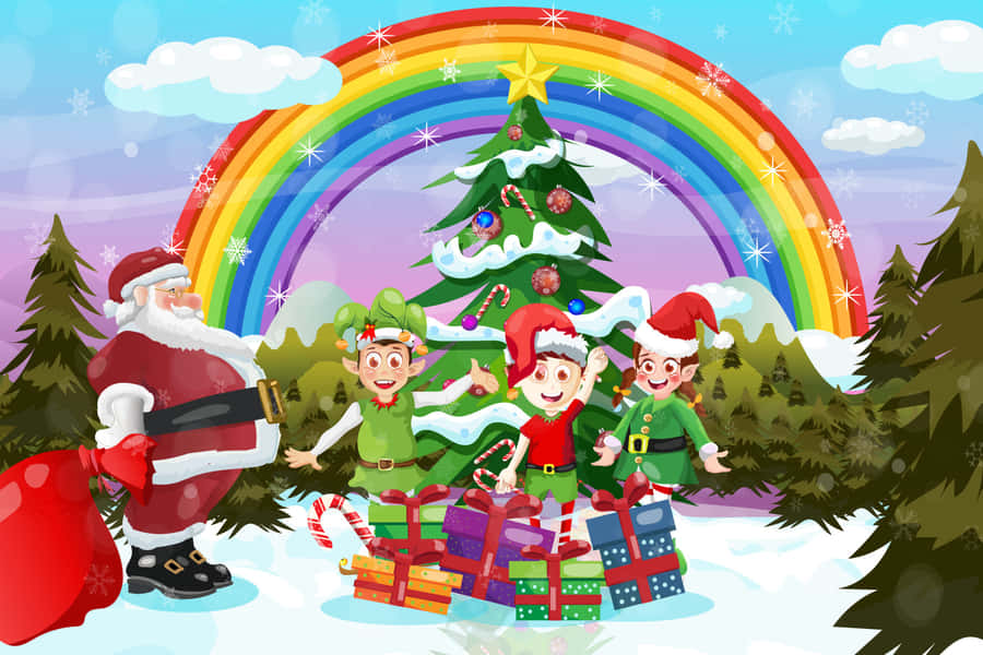 Cena Festiva de Natal com Papai Noel e Elfos Arco-Íris
