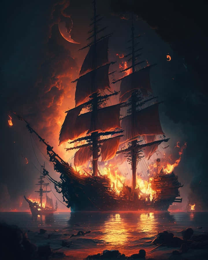 Naufrágio Flamejante ao Anoitecer