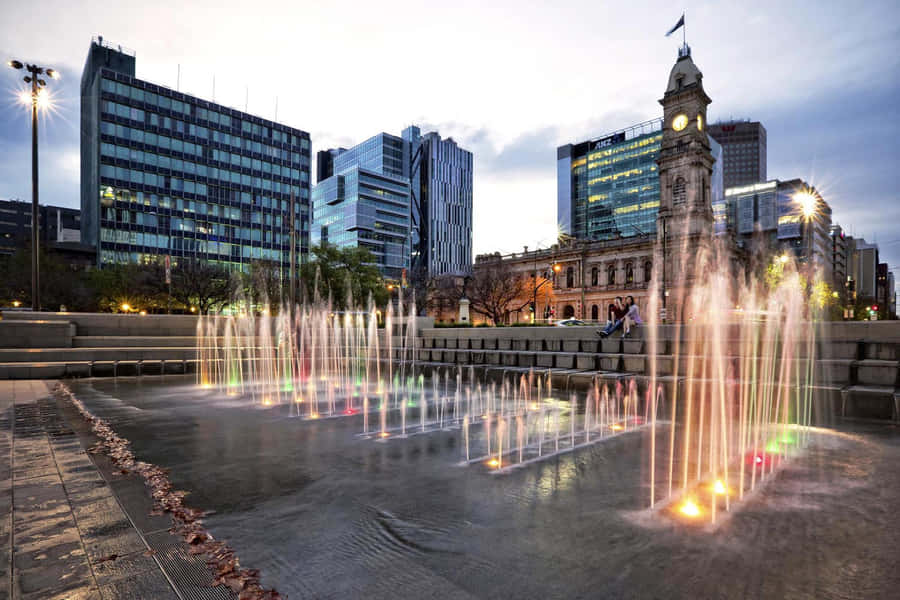 Fontana di Victoria Square a Adelaide al Crepuscolo