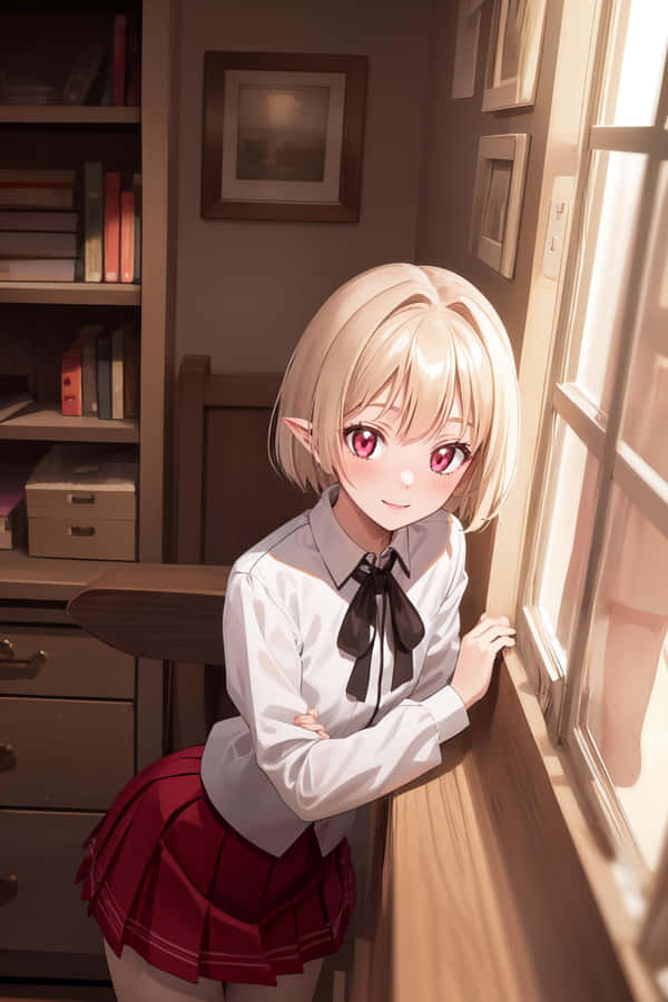 Anime Mädchen Lächelt Am Fenster