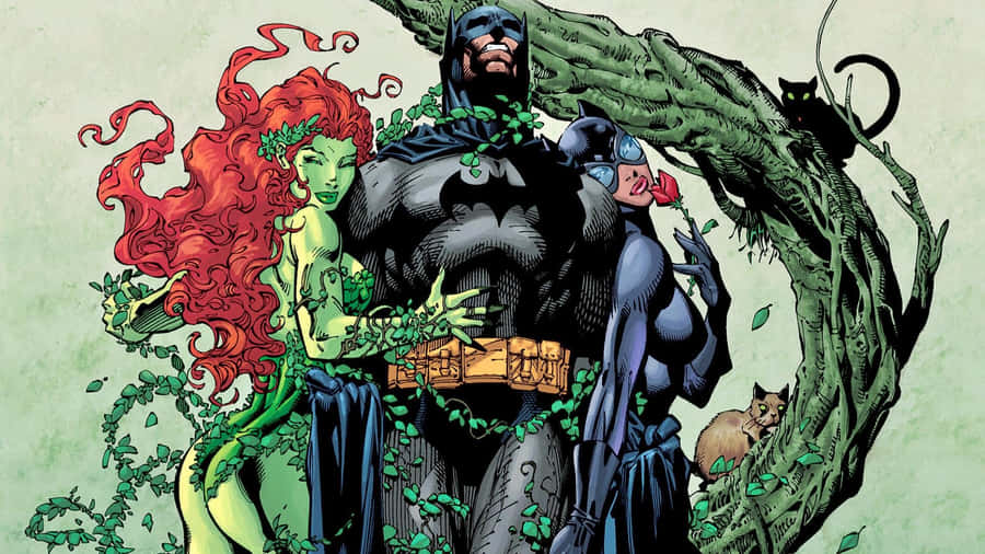 Artwork Fumettistico di Poison Ivy, Batman e Catwoman