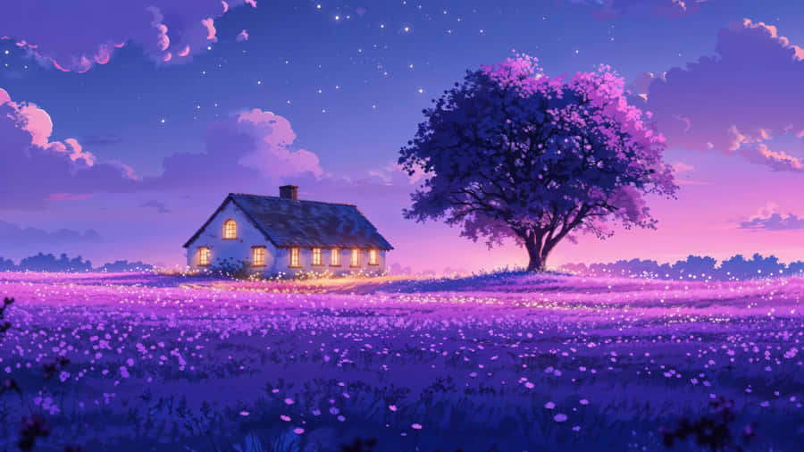 Anime-Lila Sonnenuntergang Landschaft
