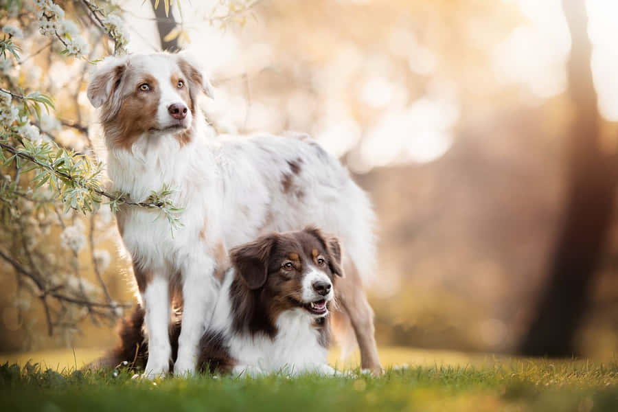 AustralischeSchäferhunde bei Sonnenuntergang