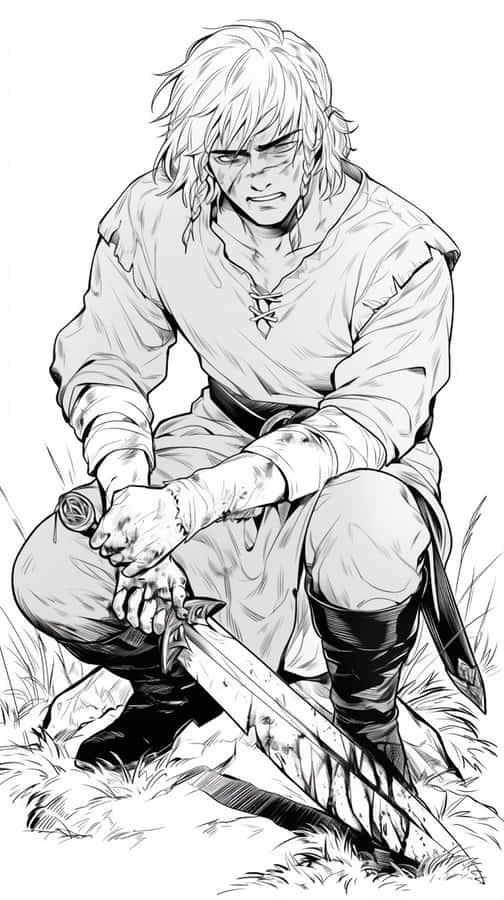 Vinland Saga krigare knäböjande med svärd