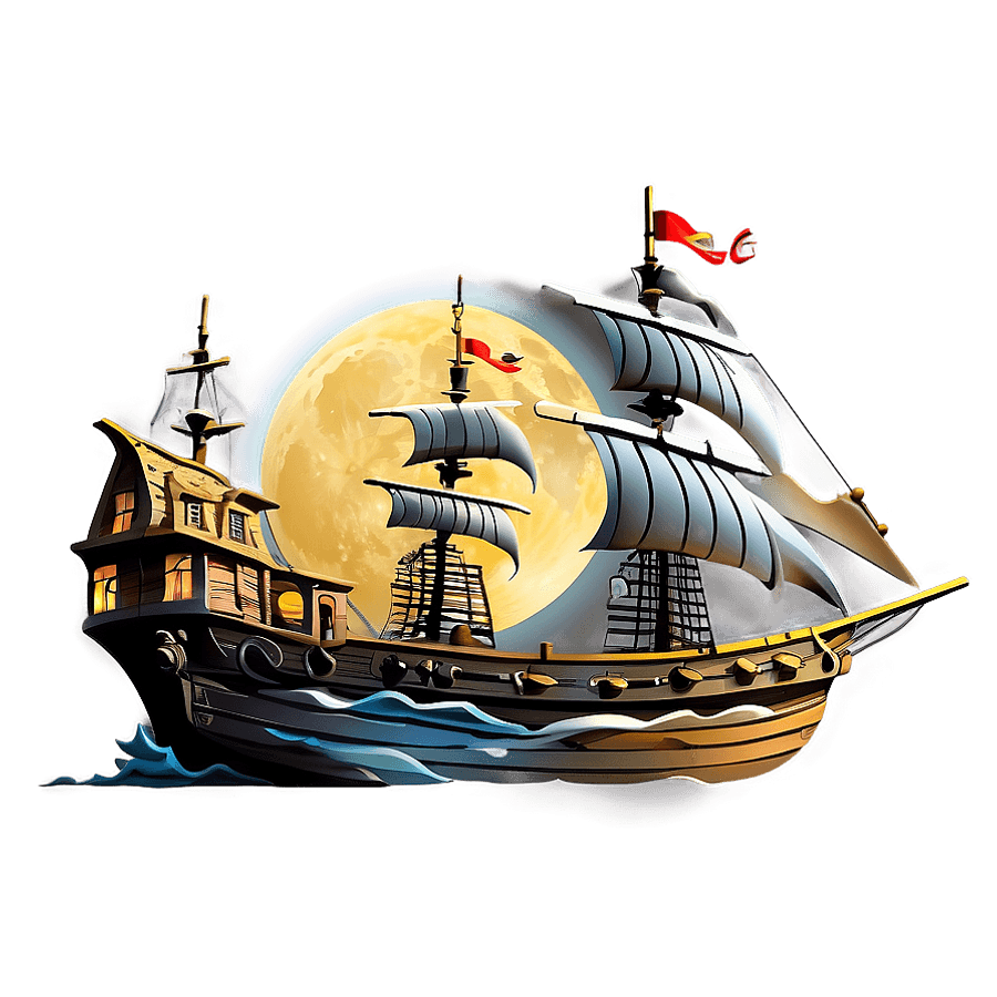 Pirate Ship Under Full Moon PNG djs