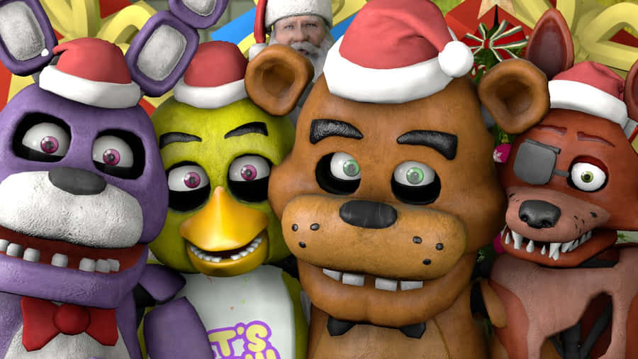 Grupo F N A F de Natal com Chapéus de Papai Noel