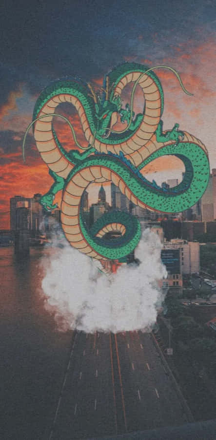 Shenron Despertando Sobre a Paisagem Urbana