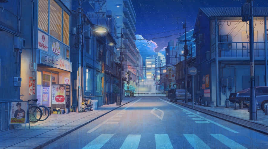 BlaueAnime-Hintergrundsaufnahme von einer sauberen und leeren japanischen Straße.