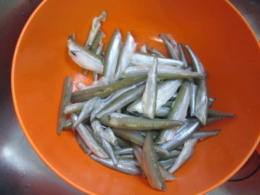 Pesci Smelt Freschi in Ciotola Arancione