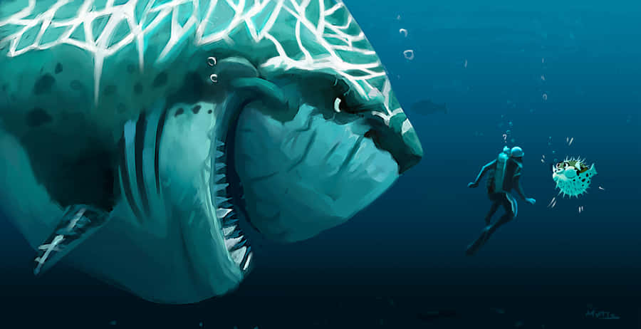 Megalodonverfolgt Taucher und Kugelfisch-Bild