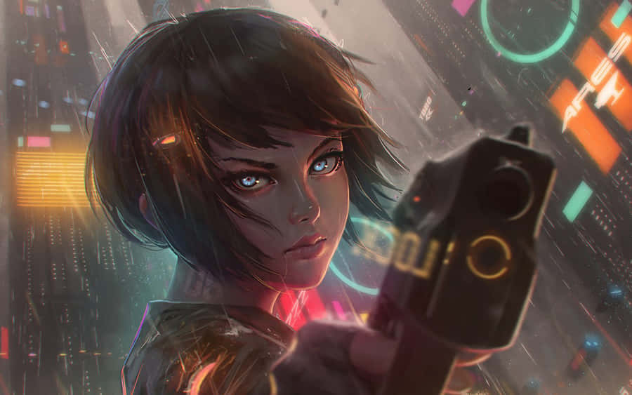 Cyberpunk Anime Mädchen mit Waffe