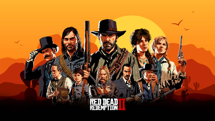 Bedstebaggrund til plakaten over hovedpersonerne i Red Dead Redemption 2.
