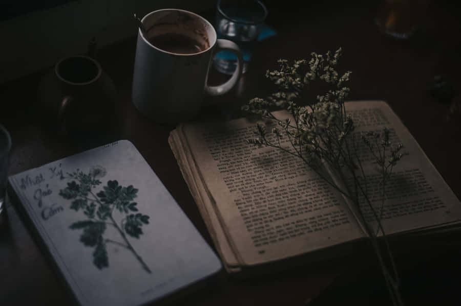 Mysterisches Buch und getrocknete Blumen Ästhetik