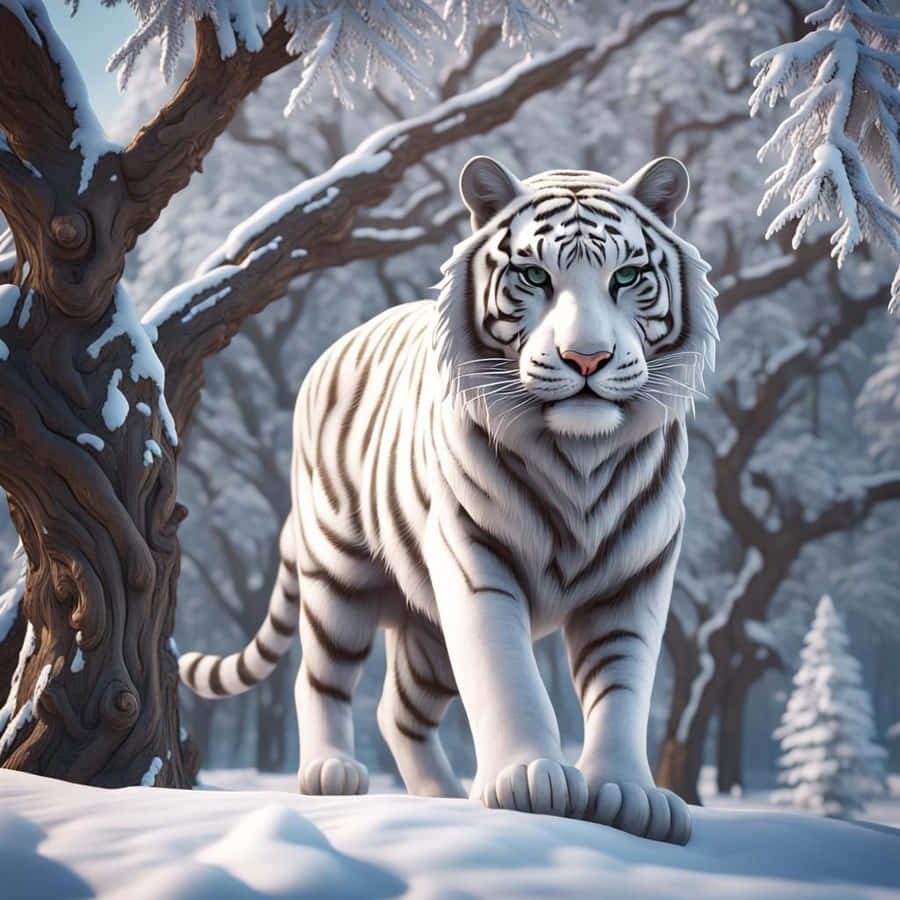 Majestätisk vit tiger i vinterlandskap