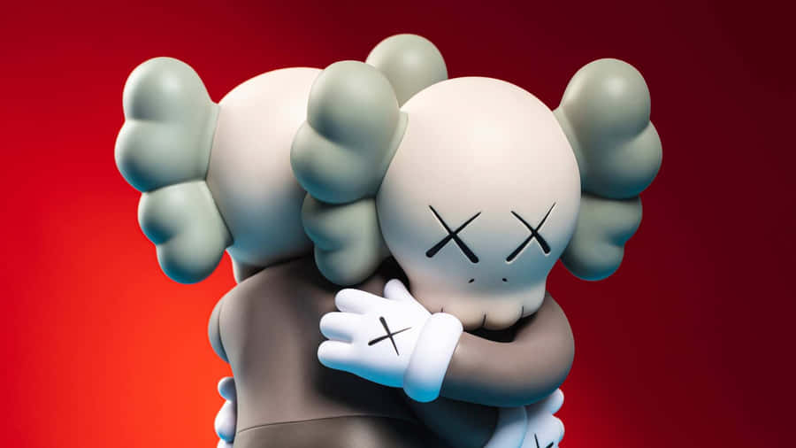 Kaws Figuren Umarmung auf rotem Hintergrund