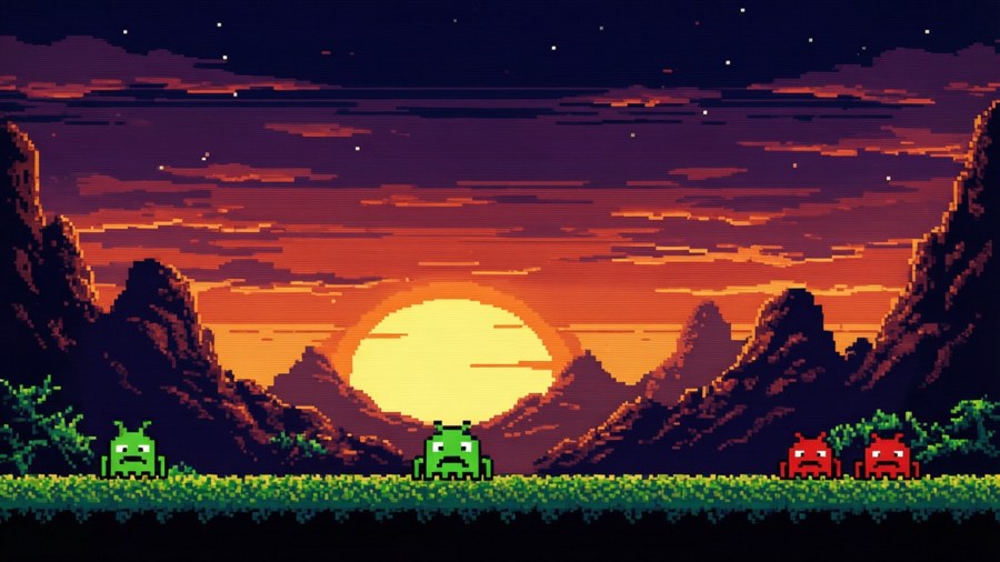 Space Invaders-romvesener i et pikselkunstlandskap med solnedgang.