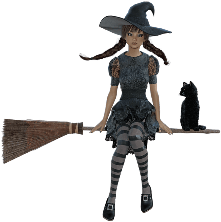Young Witch With Broomand Cat