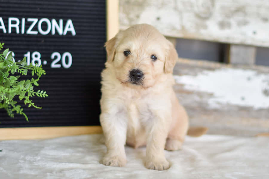 Engolden retriever hvalp, der sidder foran et skilt.