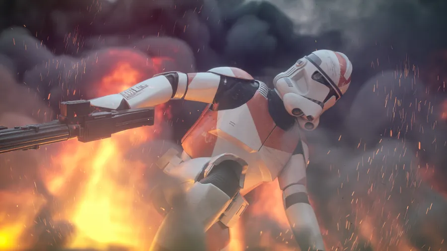 Clone Trooper burning in fire and dark smoke wallpaper.
