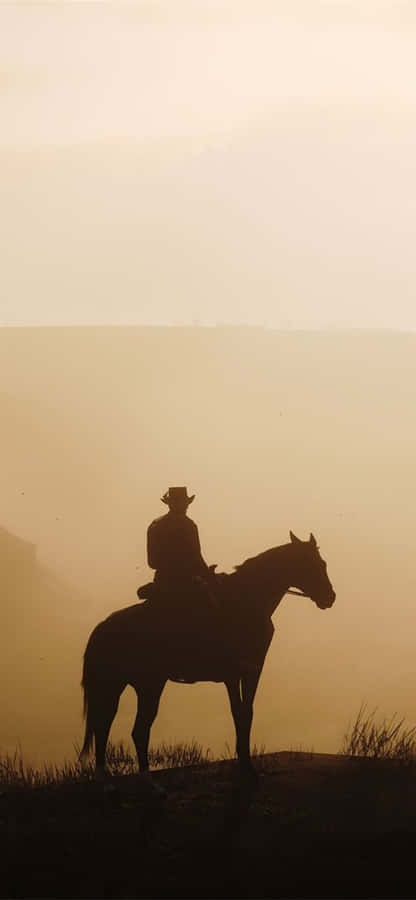 Pixel3XL Red Dead Redemption 2 Hintergrund Cowboy, der auf Pferd-Silhouette reitet.