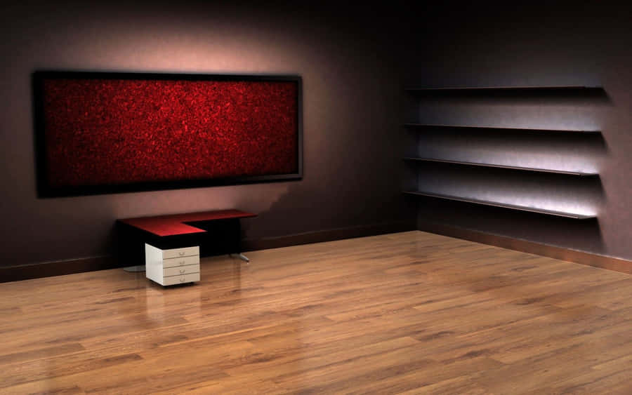 EinRaum mit einer roten Wand und Regalen