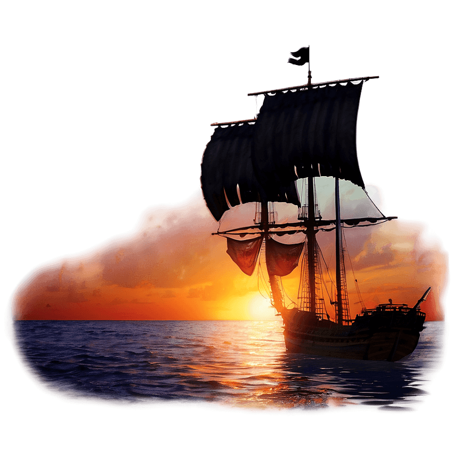 Pirate Ship Silhouette Sunset PNG egj
