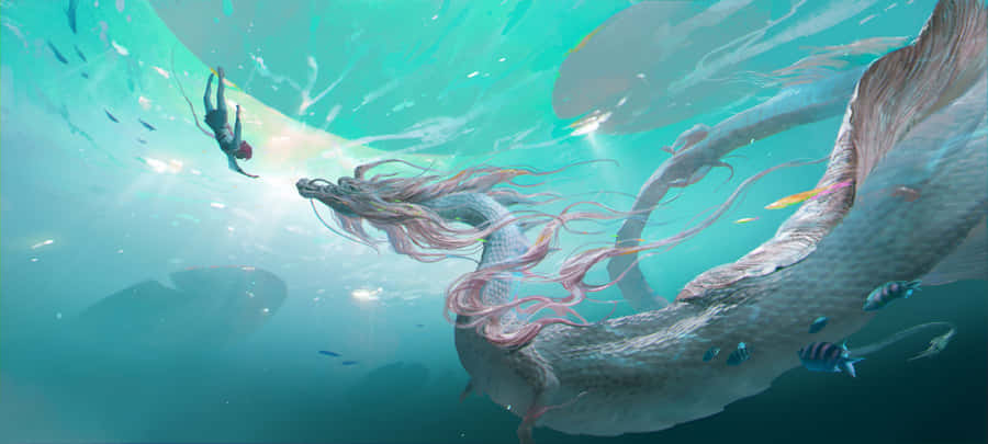 Mystischer Meeresdrache und Taucher