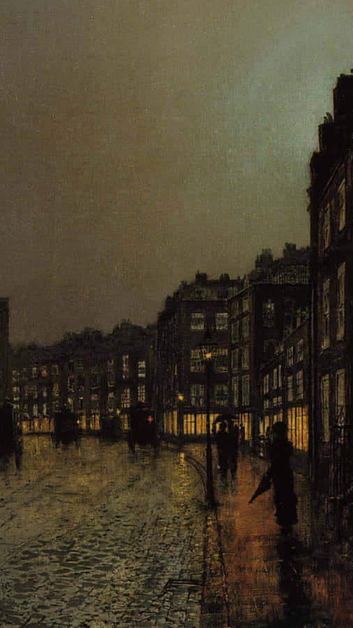 Scena di Strada Piovosa Vittoriana di Notte