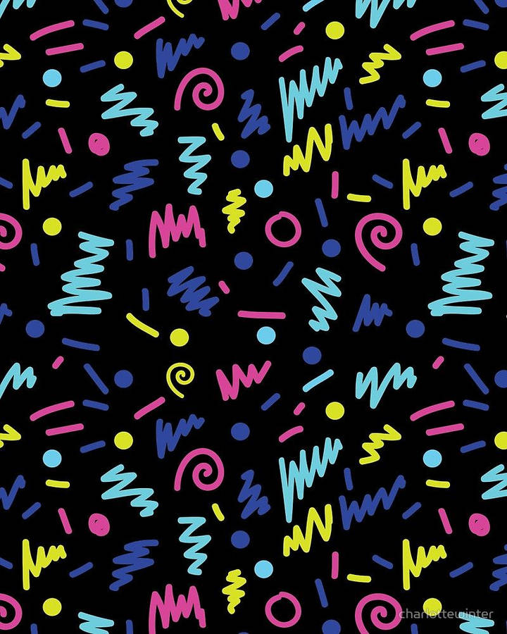 90s pattern wallpaper of fun neon doodles on black background