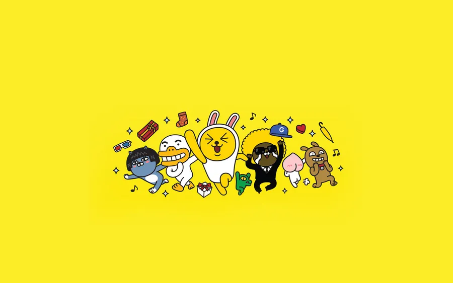 Fun Loving Kakao Friends in yellow wallpaper.