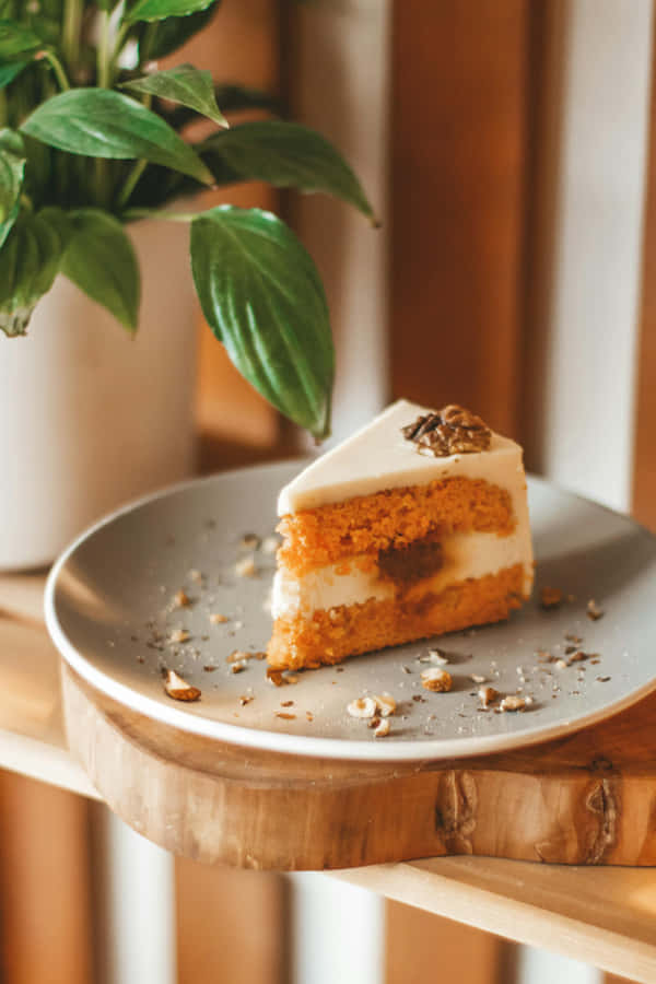 Fatia de Bolo de Cenoura em Mesa de Madeira