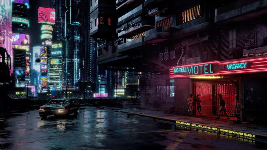 Udforskningaf Cyberpunk Byen om natten.