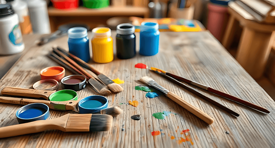 materiali artistici,artigianato,tavolo,creativo,pittura,pennello,strumenti,spazio di lavoro,fatto a mano,colorato,progetto,artistico,lavoro,design,hobby