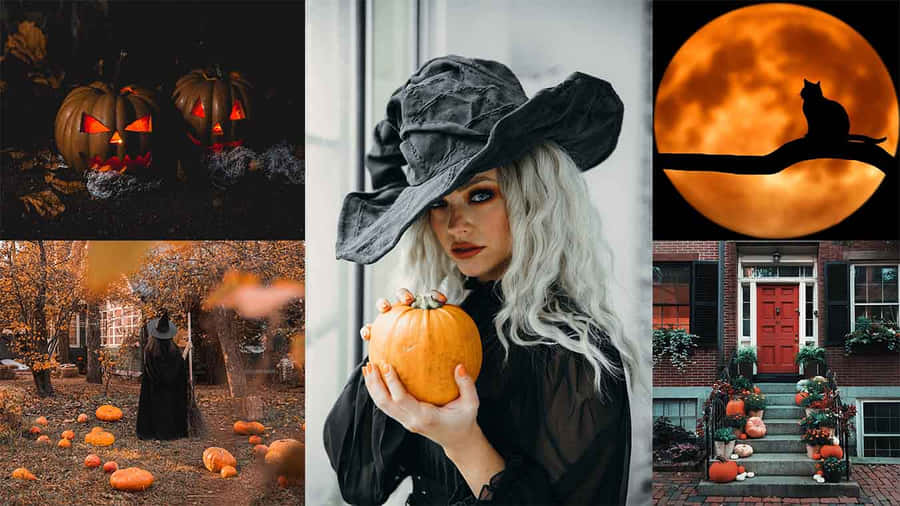 Halloween Collage Hexen Kürbisse Katze