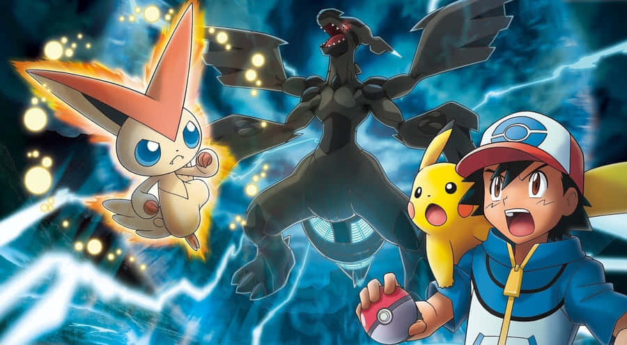 Victini With Ash, Pikachu, And Zekrom