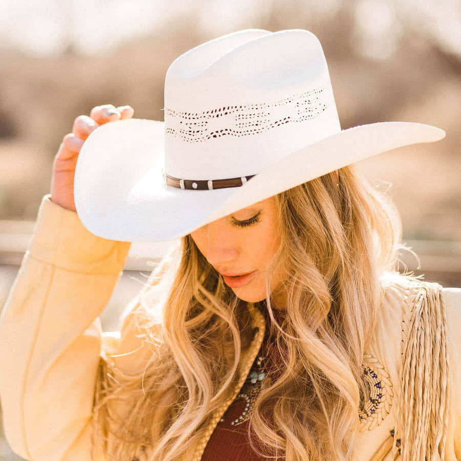 umamulher loira usando um chapéu de cowboy branco