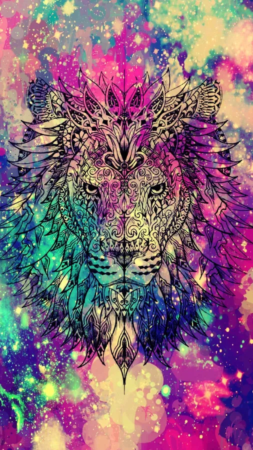 An excellent galaxy lion outline painting features a furious-looking lion over a beautiful abstract galaxy artwork.