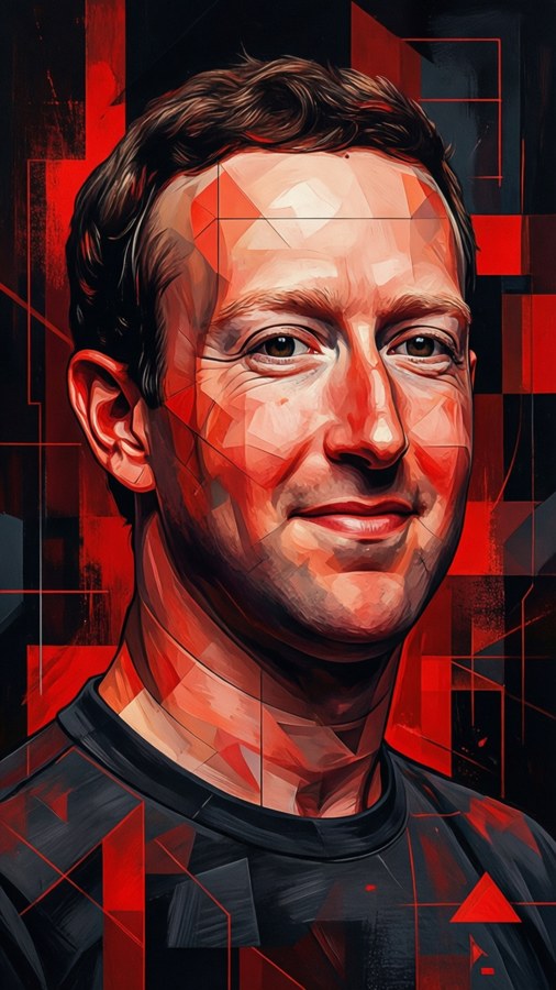 Abstract geometric representation of Mark Zuckerberg in red and black.