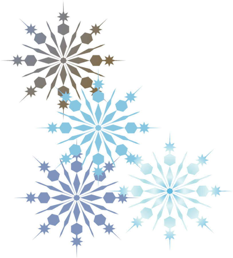 Abstract Snowflake Pattern PNG — Four stylized snowflakes in gradient blues and browns float against a plain white background.